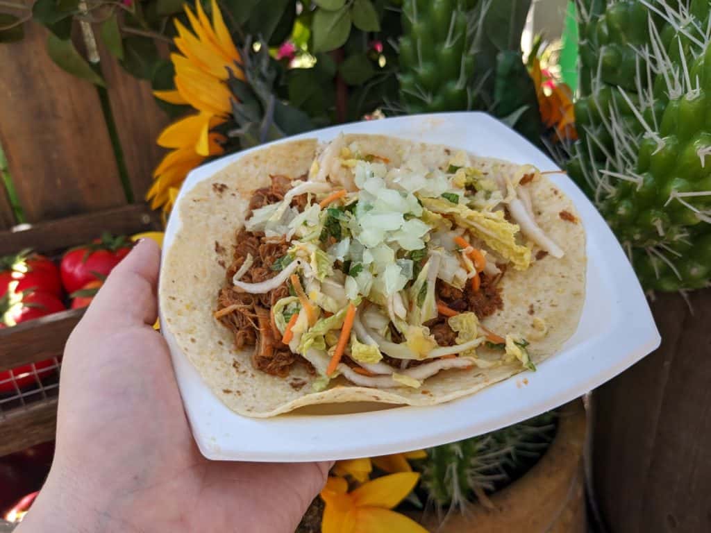 Mazina tortilla, chipotle ancho adobo chicken, grilled pineapple, nappa cabbage, onion, and cilantro