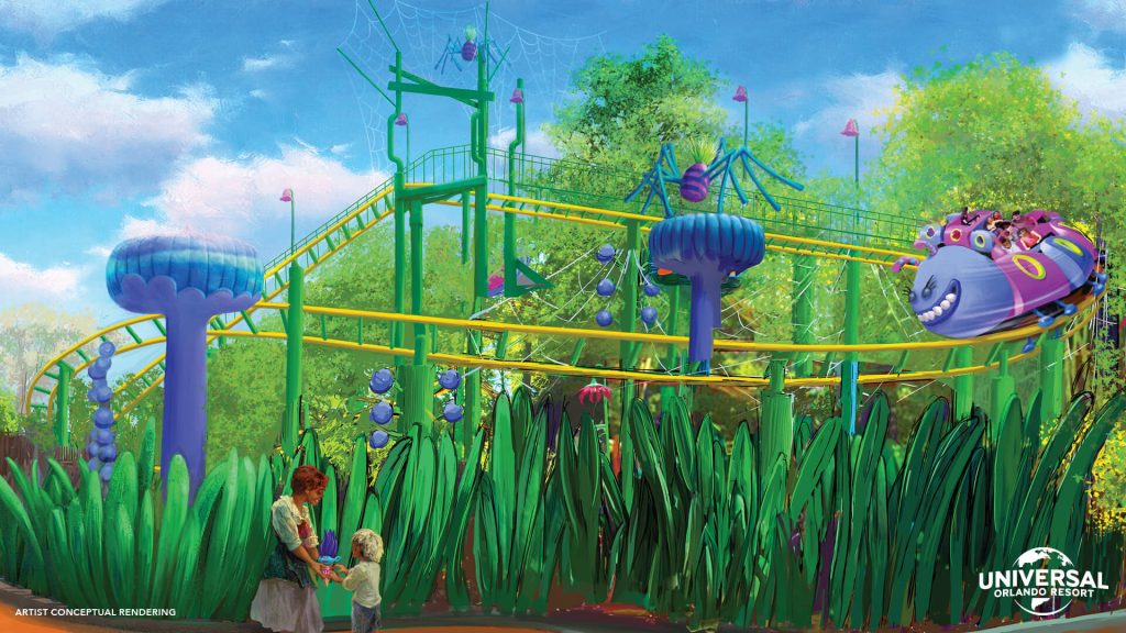 Concept art of Trolls Trollercoaster at DreamWorks Land